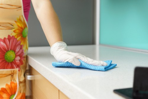 Commercial cleaning team working in a W10 office entrance