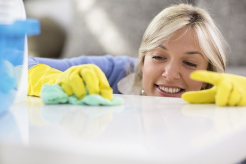 Cleaner inspecting fabric furniture before upholstery treatment in W10